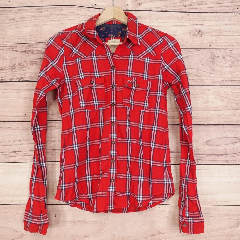 New! Hollister Button-Up S Red‎ Plaid Collared Long Sleeve Embroidered Shirt